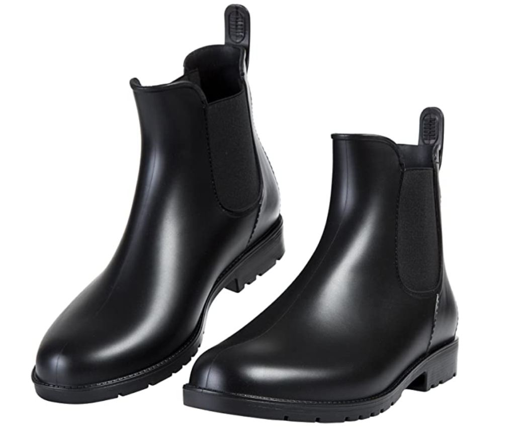 Black Chelsea rain boots.