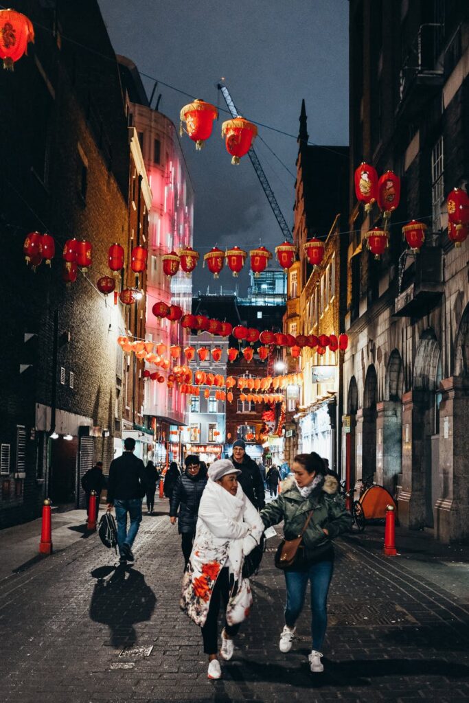 red lantern hanging above the street